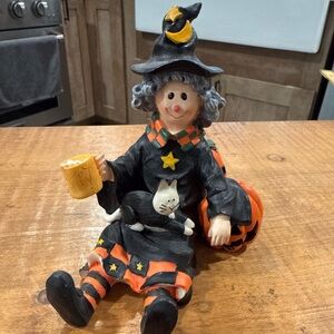 Halloween Zany Zelda Witch Figurine with Cat and Pumpkin